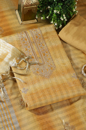 Mustard Tissue Silk Zari And Resham Embroidered Unstitched Suit Material