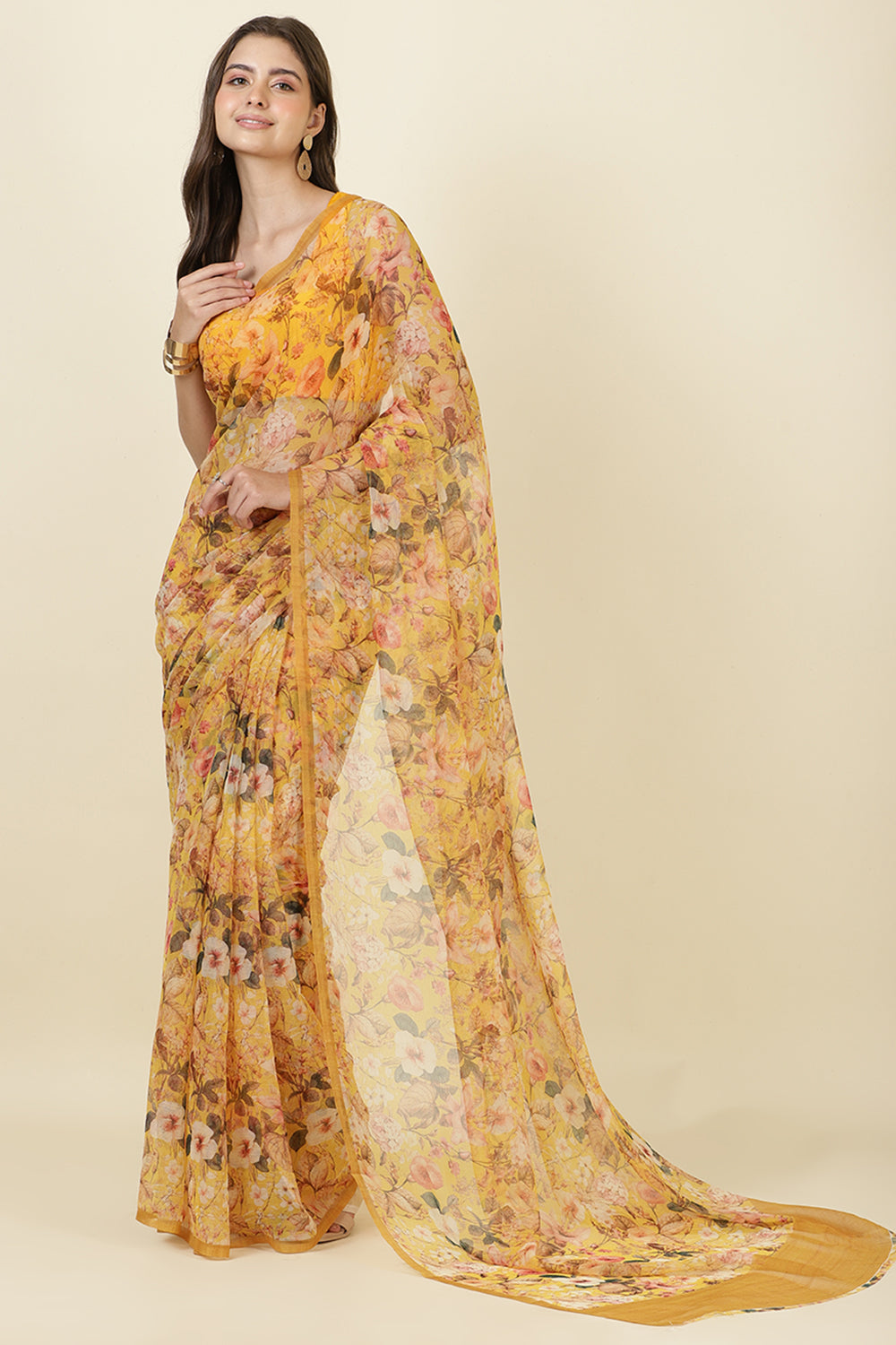 Mustard Floral Printed Chiffon Saree