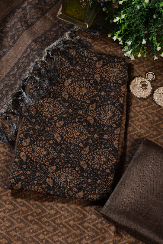 Mustard And Black Digital Printed Chanderi Cotton Unstiched Suit Material