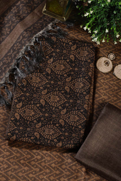 Mustard And Black Digital Printed Chanderi Cotton Unstiched Suit Material