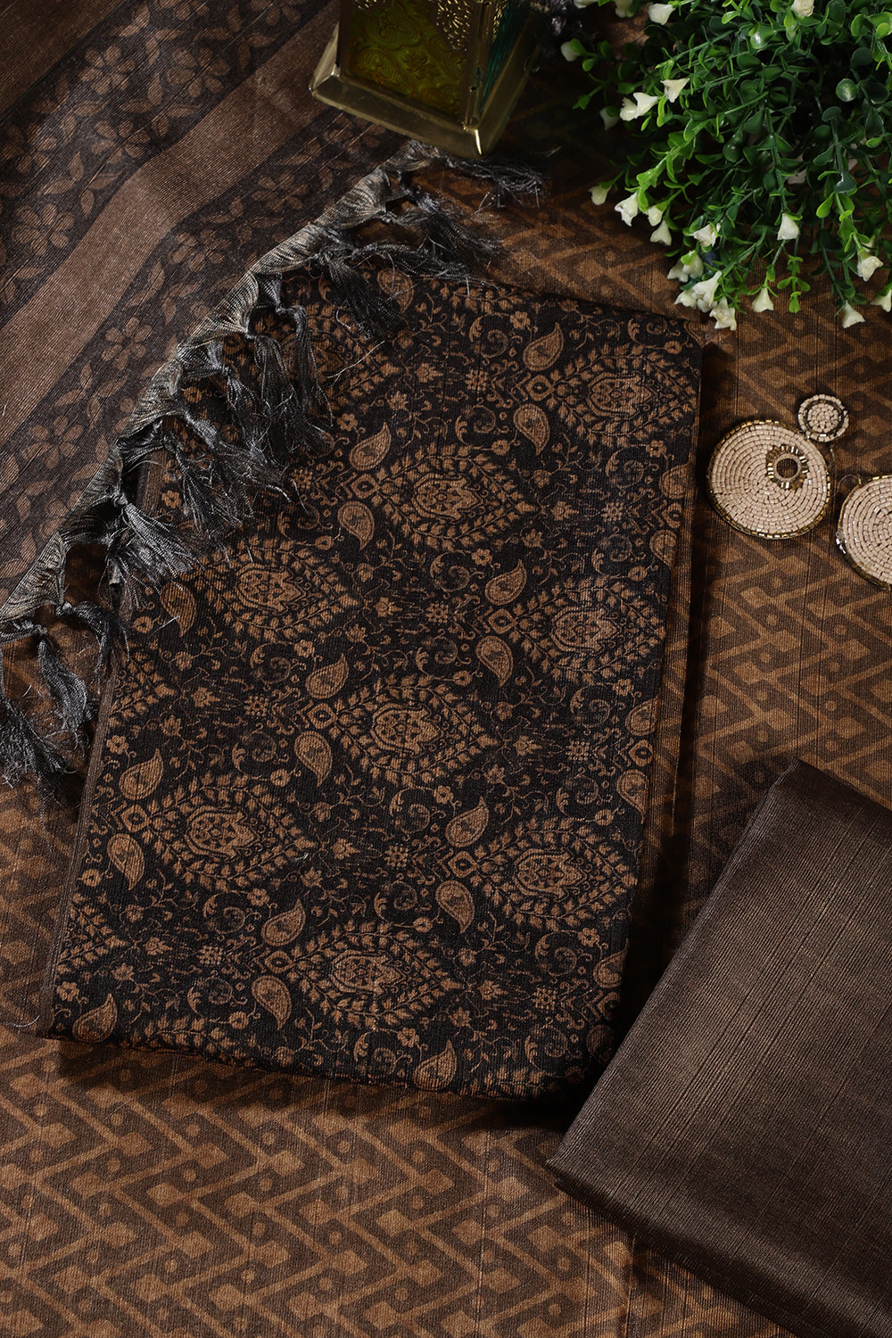 Mustard And Black Digital Printed Chanderi Cotton Unstiched Suit Material