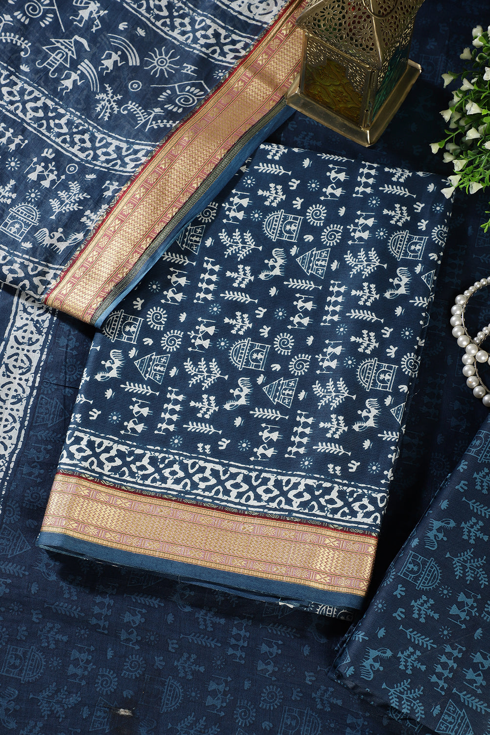 Navy Warli Print Cotton Unstitched Suit Material
