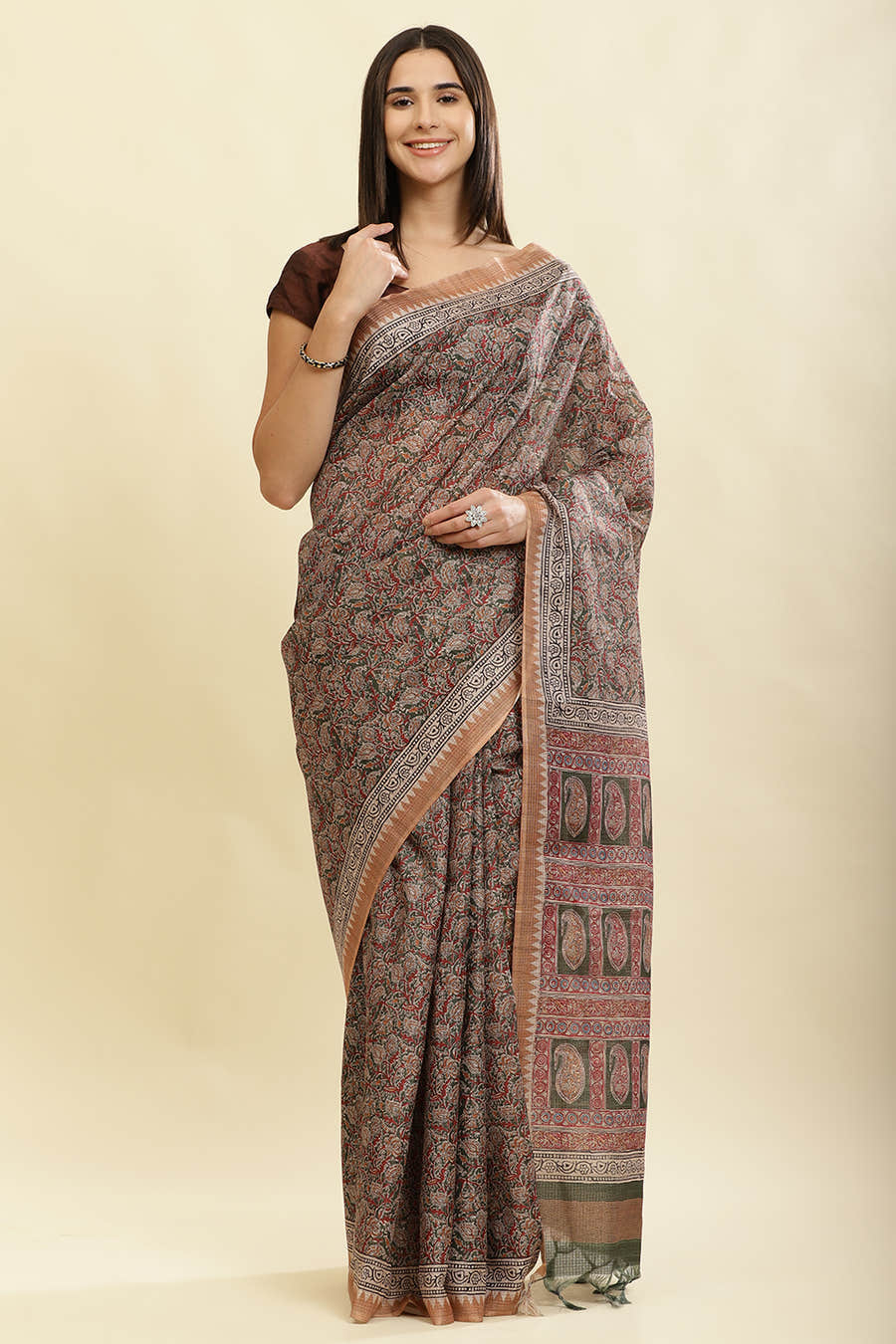 Green Cotton Silk Floral Boota Printed Saree