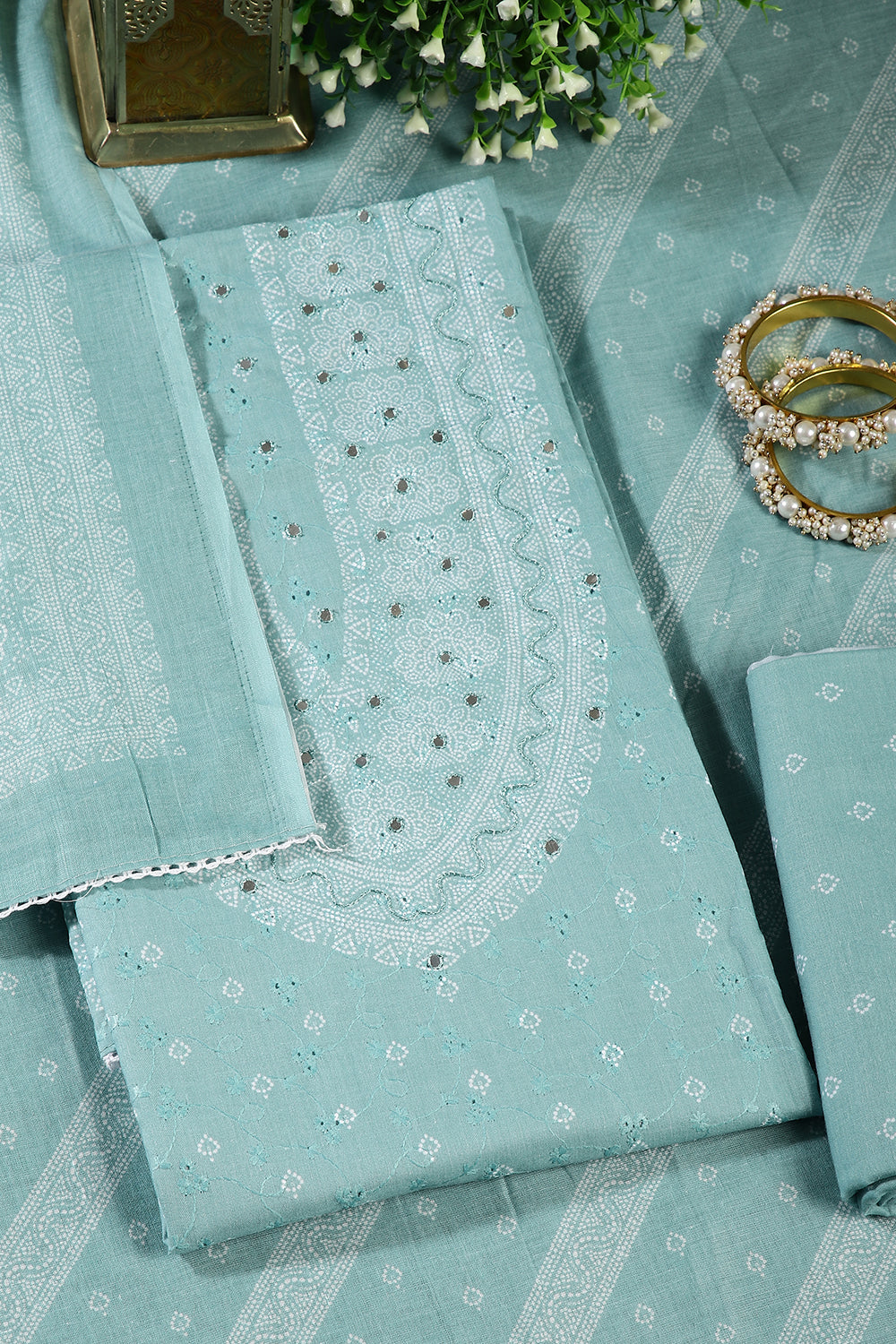 Sea Green Color Printed & Resham Embroidered Unstitched Suit