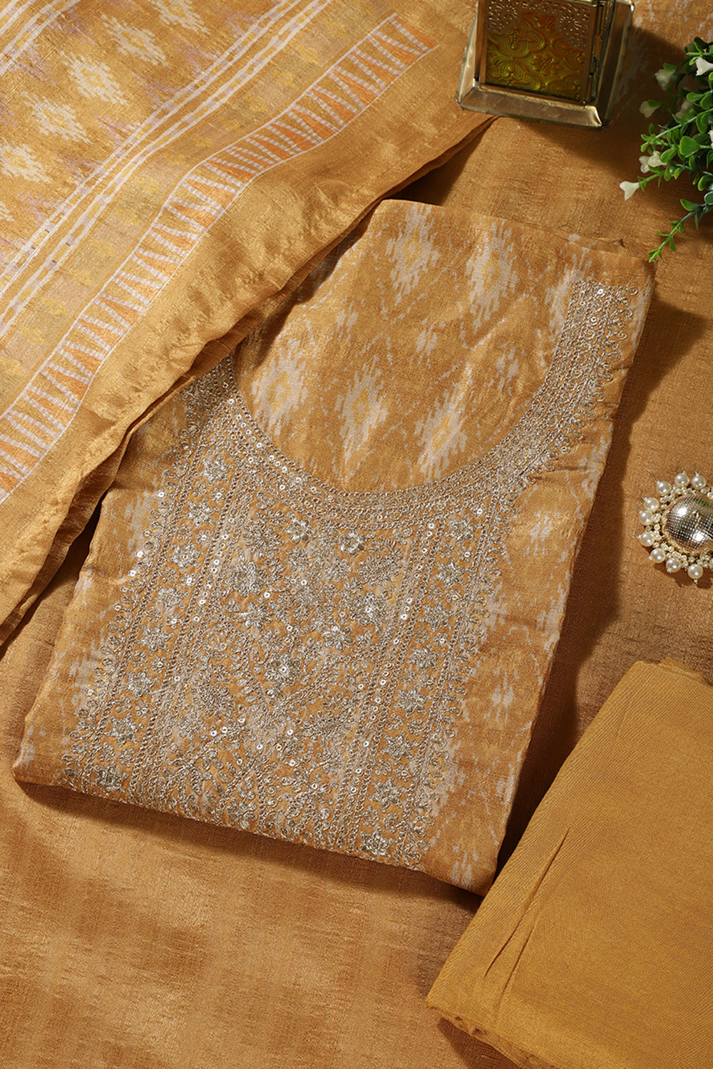Mustard Chanderi Silk Neck Embroidered Unstitched Suit Material