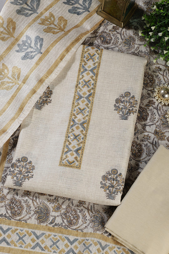 Cream Chanderi Cotton Printed Unstitched Suit Material