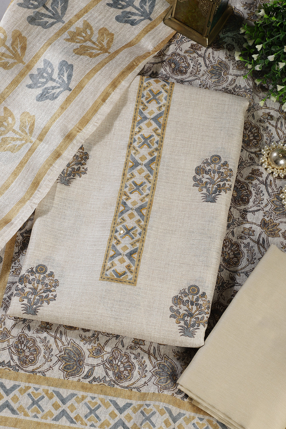 Cream Chanderi Cotton Printed Unstitched Suit Material