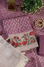 Dusky Purple Tussar Cotton Printed And Floral Embroidered Unstiched Suit Material