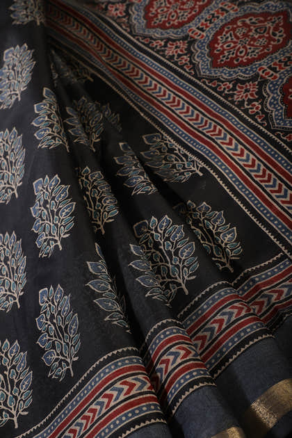 Black Cotton Silk Block Printed Saree
