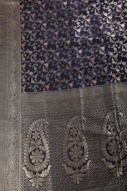 Navy Floral Zaal Woven Silk Banarasi Saree