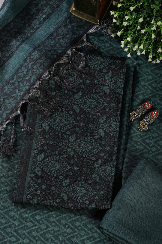 Mint Green And Black Digital Printed Chanderi Cotton Unstiched Suit Material