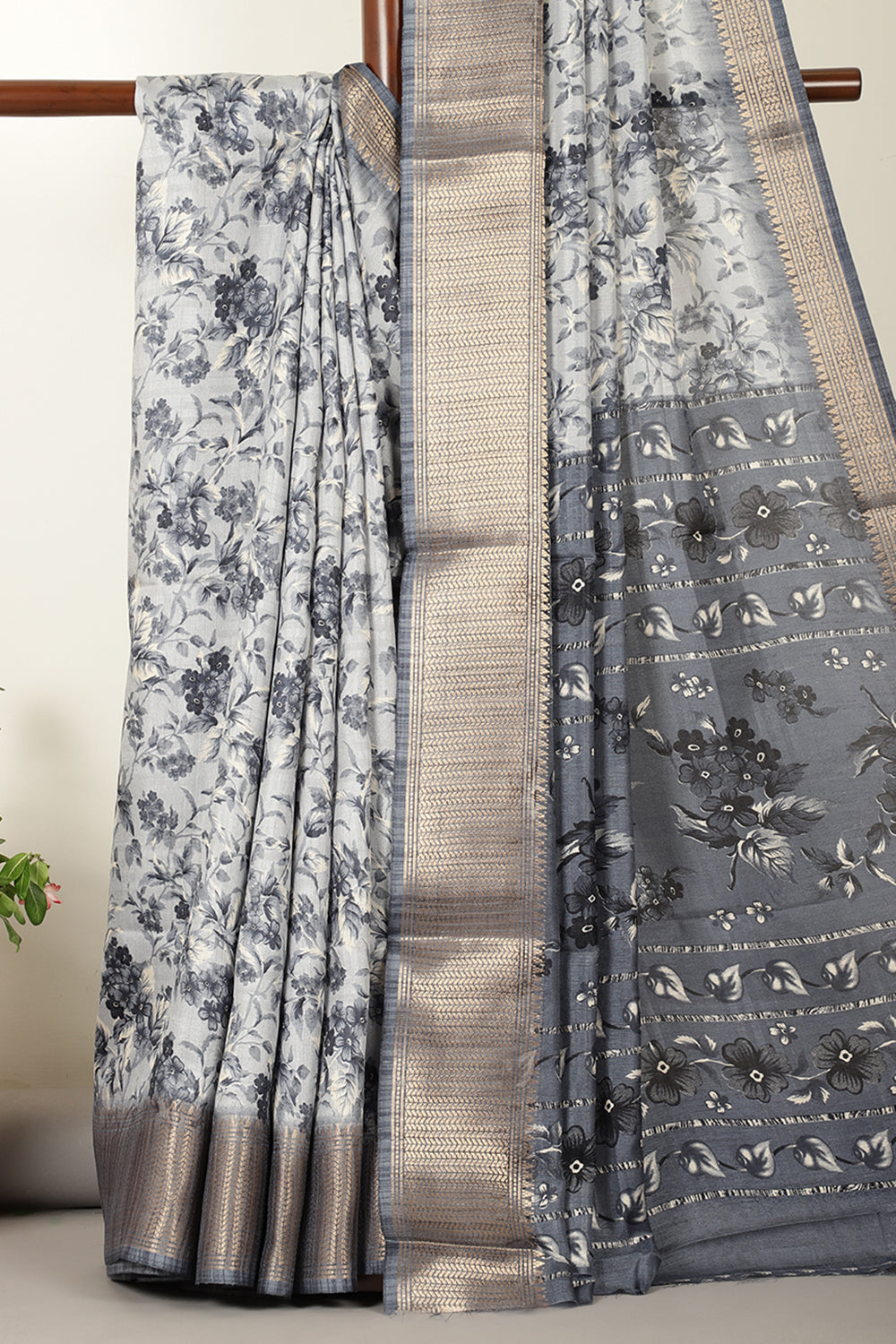 Grey Floral Printed Cotton Silk Saree