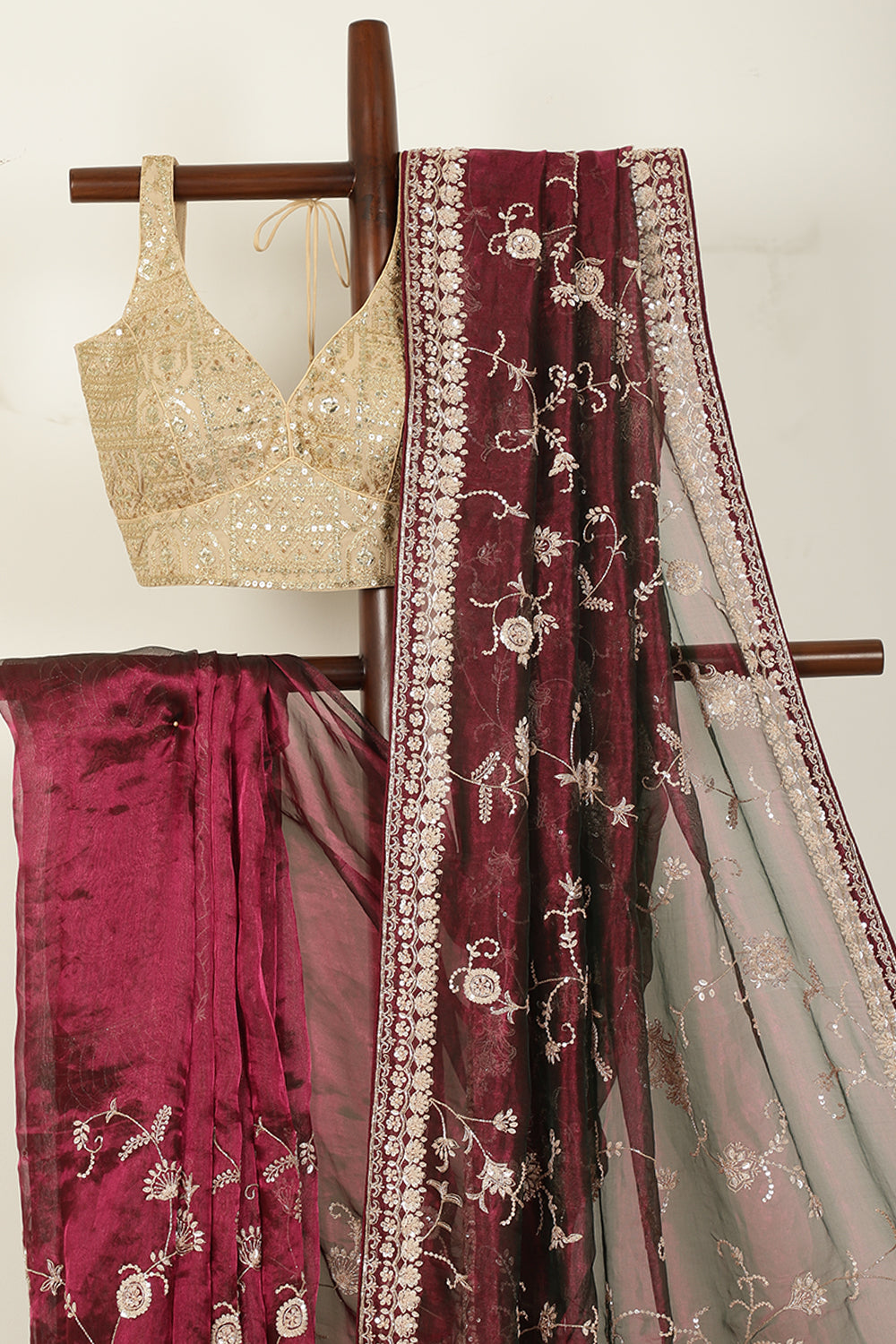 Wine Pure Tissue Silk Saree with Pearl and Zardozi Handwork