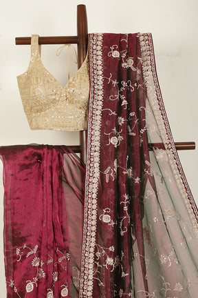 Wine Pure Tissue Silk Saree with Pearl and Zardozi Handwork