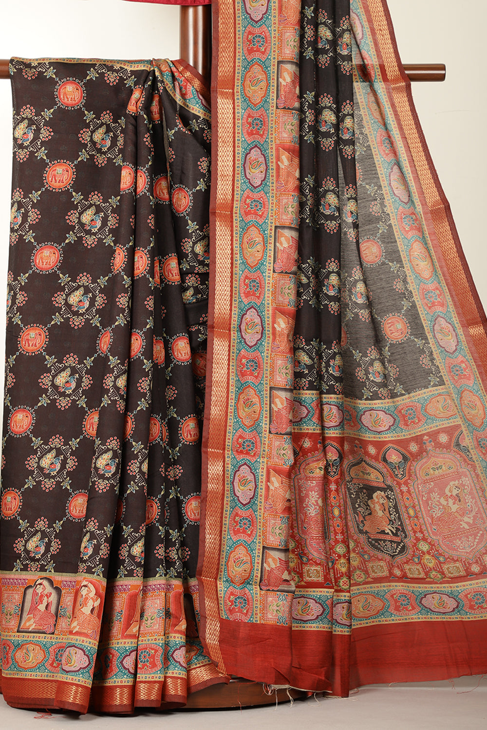 Black Cotton Kalamkari Printed Saree