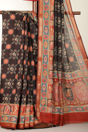 Black Cotton Kalamkari Printed Saree