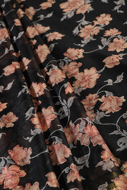 Black Zari Border & Floral Printed Chiffon Saree