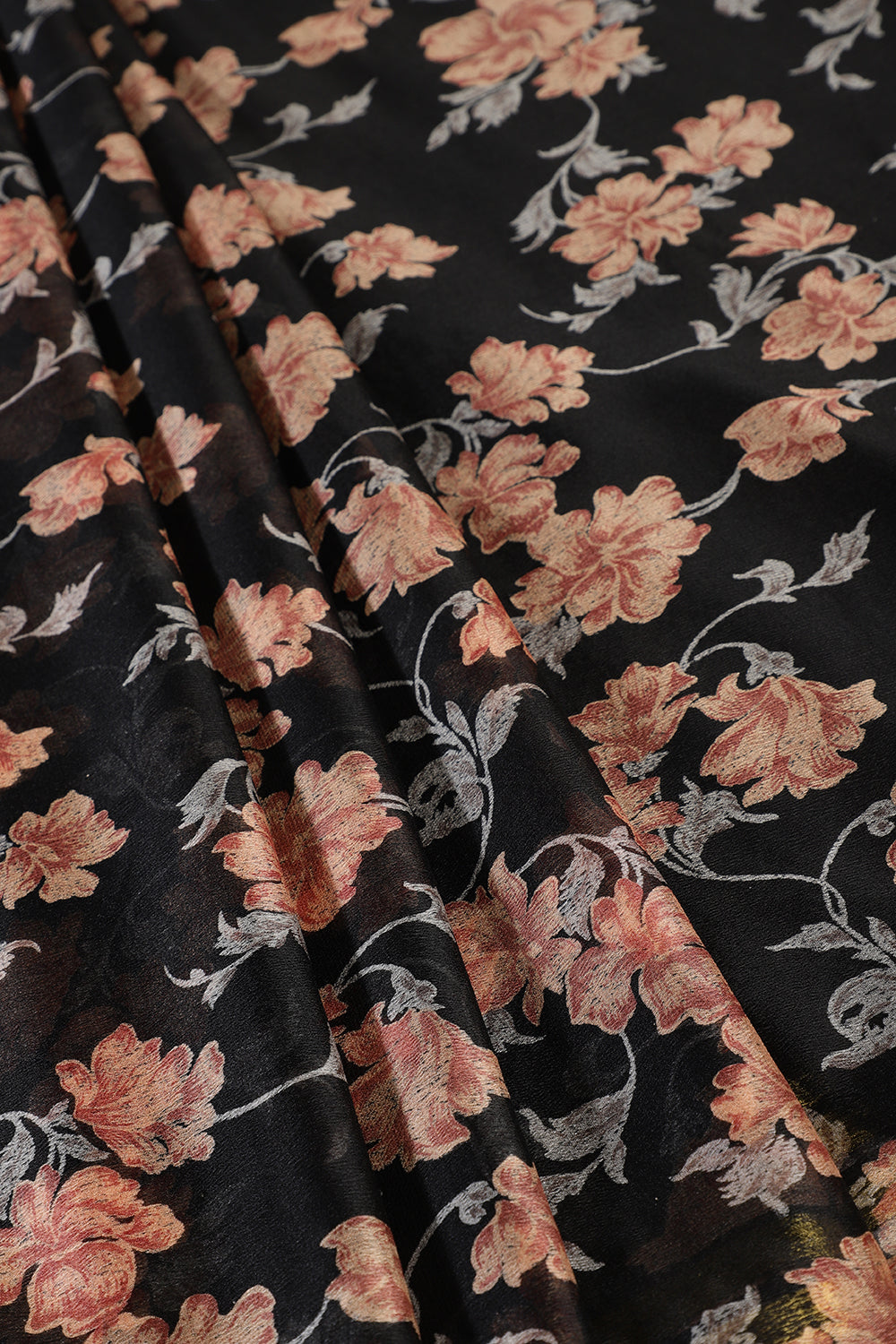 Black Zari Border & Floral Printed Chiffon Saree