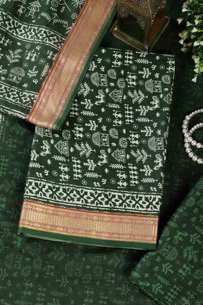 Bottle Green Warli Print Cotton Unstitched Suit Material