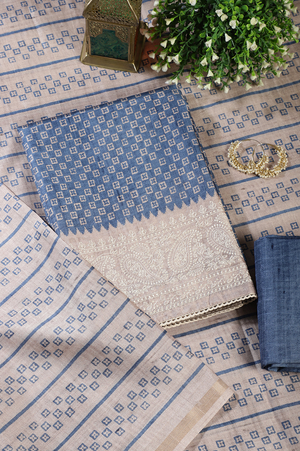 Blue Tussar Cotton Printed And Reham Embroidered Unstiched Suit Material