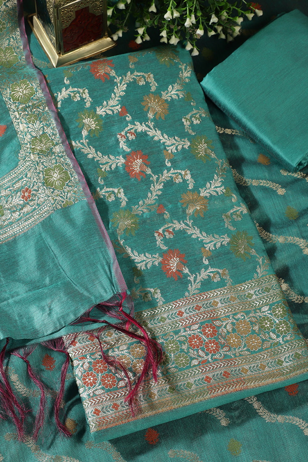 Teal Green Coral Chanderi Silk Resham And Zari Woven Unstitched Suit Material