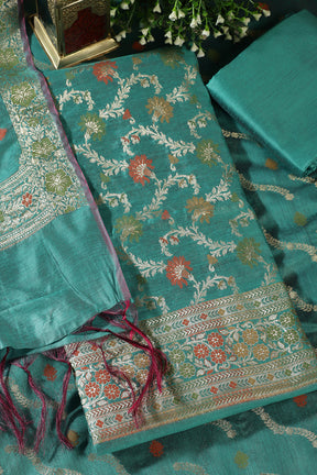 Teal Green Coral Chanderi Silk Resham And Zari Woven Unstitched Suit Material