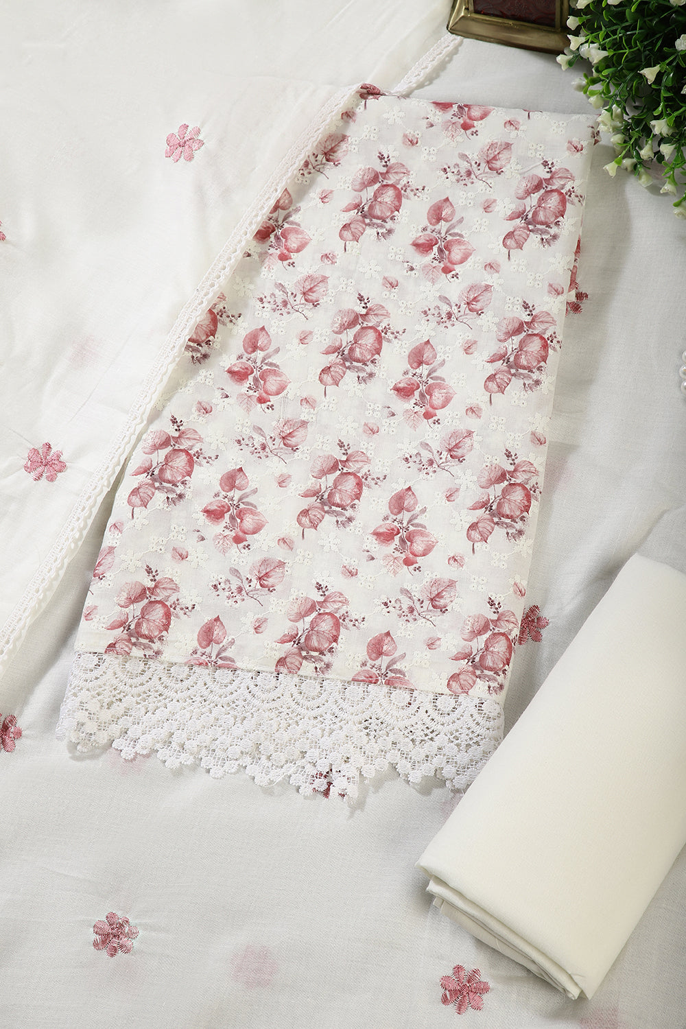 White & Maroon Color Printed And  Embroidered Cotton Unstitched Suit Fabric