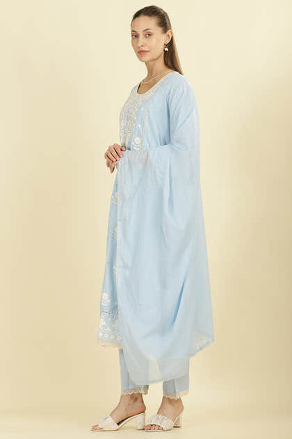 Light Blue Cotton Resham Floral Embroidered Anarkali Suit Set