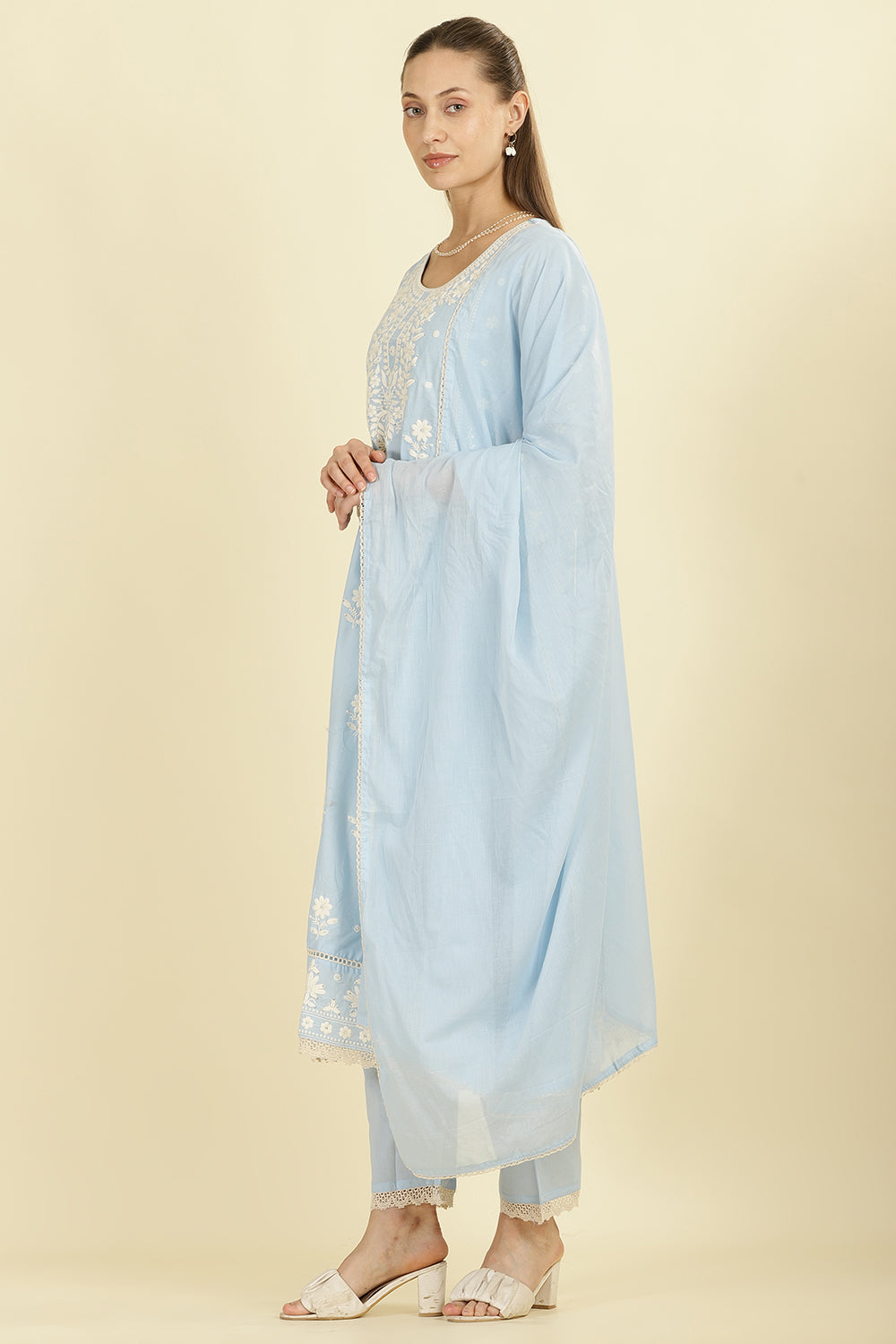 Light Blue Cotton Resham Floral Embroidered Anarkali Suit Set