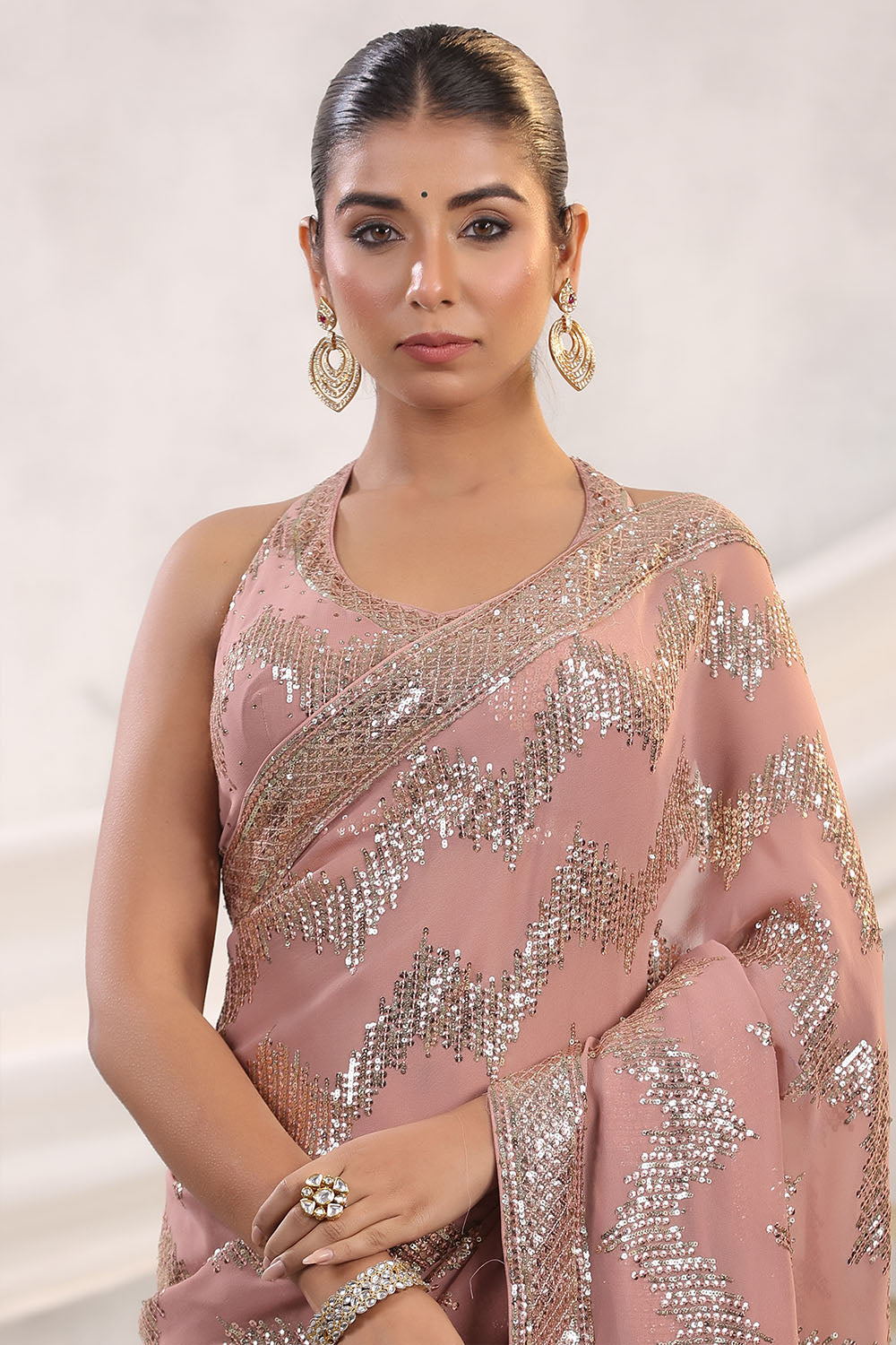 Dusty Pink Colour Embroidered Georgette Saree