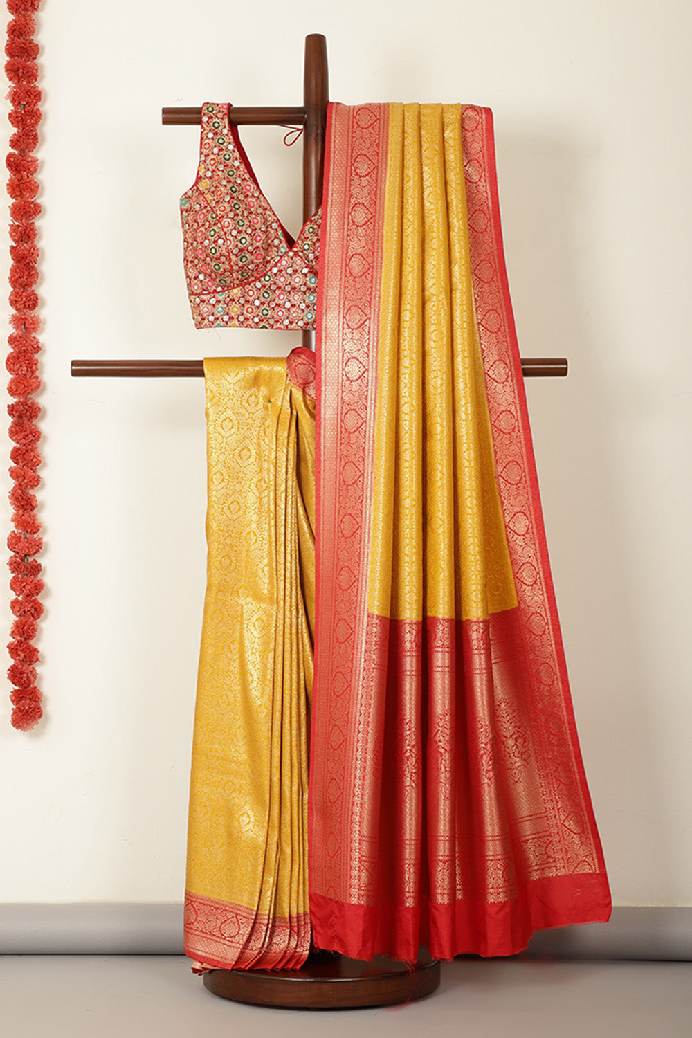 Mustard & Red Dual Toned Soft Silk Zari Woven Saree