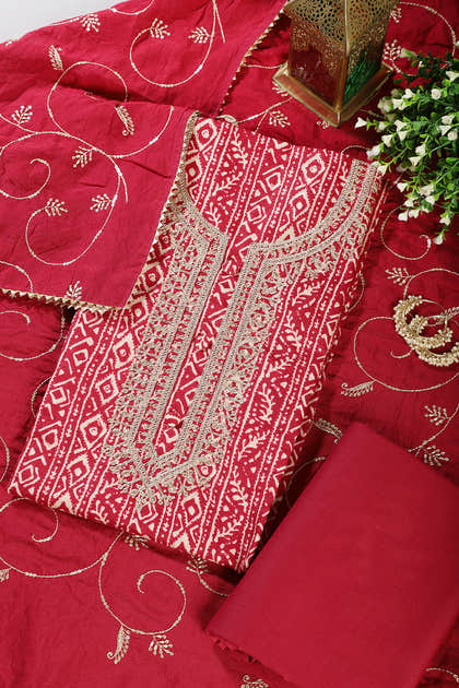 Fuchsia Red Cotton Digital Printed & Neck Embroidered Unstitched Suit