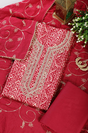 Fuchsia Red Cotton Digital Printed & Neck Embroidered Unstitched Suit