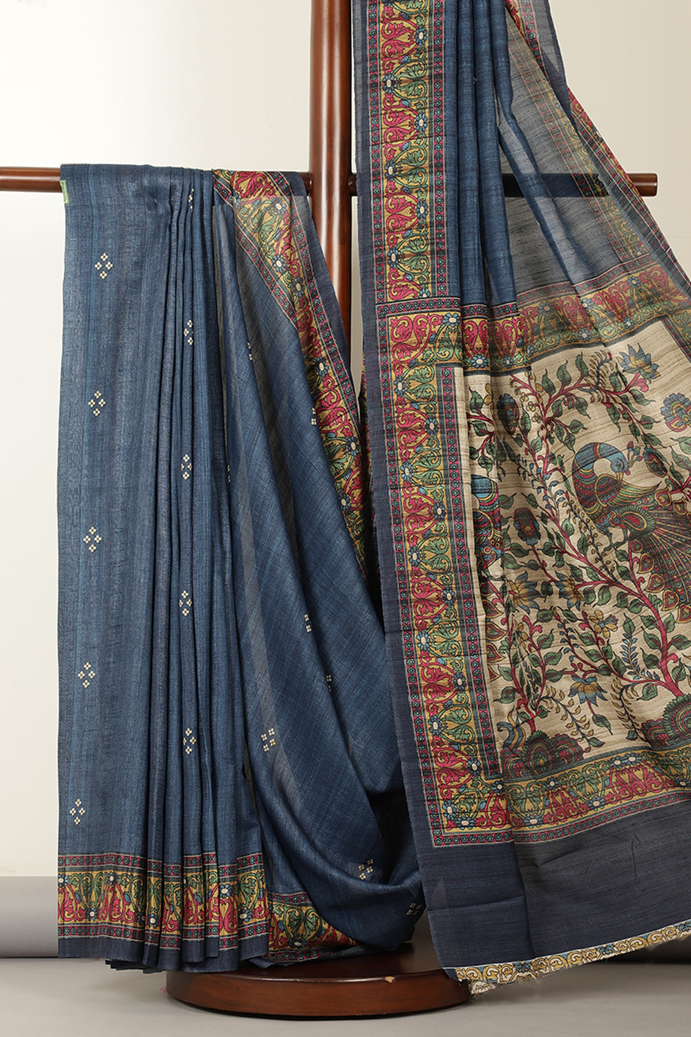 Blue Madhubani Printed Tussar Silk Saree