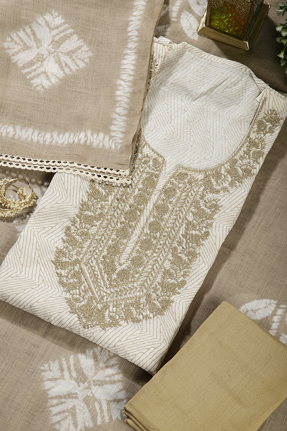 Cream Colour Cotton Printed & Resham Neck Embroidered Unstitched Suit