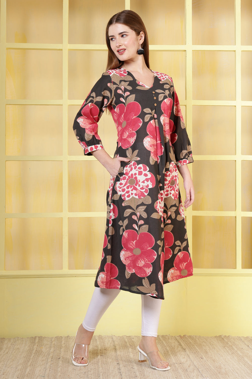 Black Cotton Floral Printed Kurta