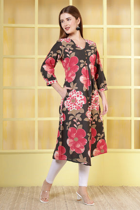 Black Cotton Floral Printed Kurta