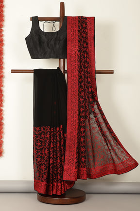 Black & Red Georgette Resham Floral Jal Woven And Swarovski Work Saree