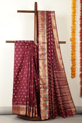 Wine Silk Zari & Resham  Woven Saree