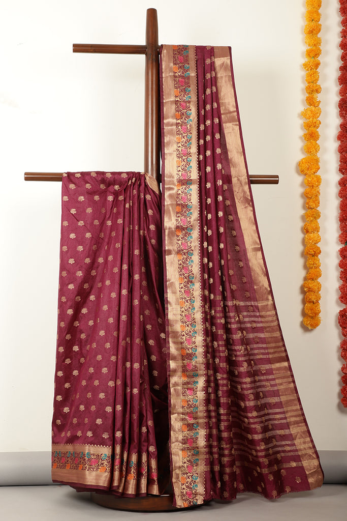 Wine Silk Zari & Resham  Woven Saree