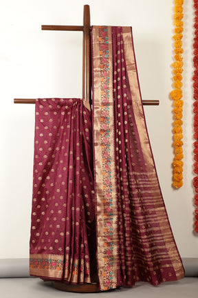 Wine Silk Zari & Resham  Woven Saree
