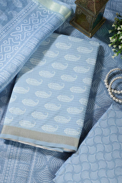 Light Blue Cotton Boota Block Print Unstitched Suit Fabric
