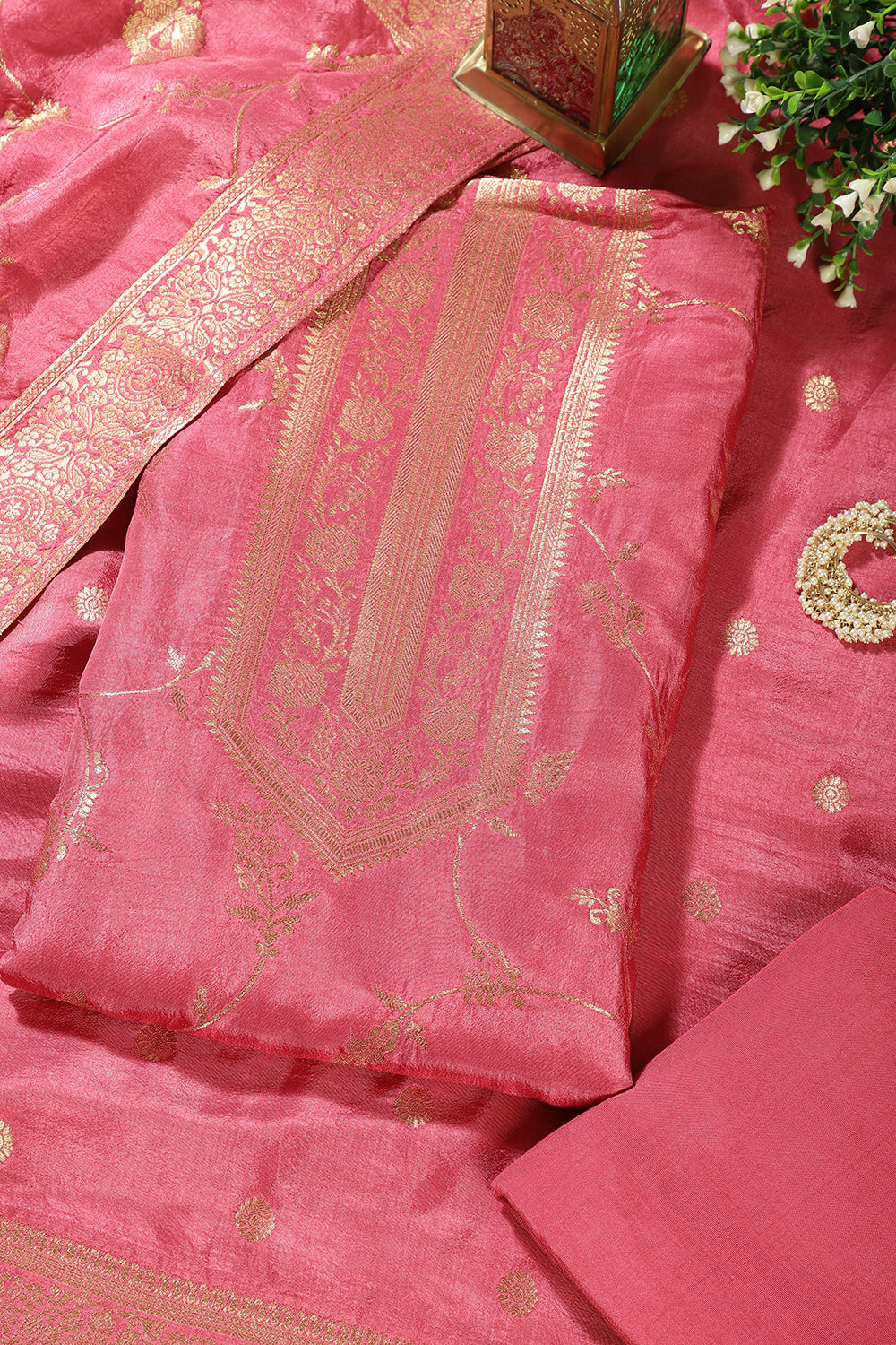 Hot Pink Banarsi Floral Woven Silk Unstitched Suit
