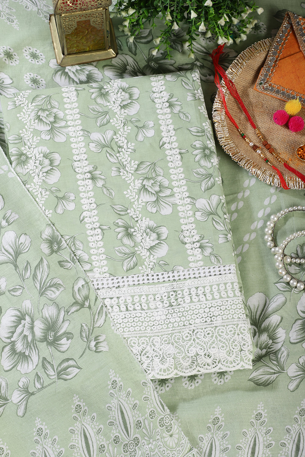 Light Green Cotton Floral Printed And Resham Embroidered Unstitched Suit Material