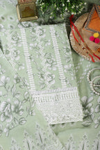 Light Green Cotton Floral Printed And Resham Embroidered Unstitched Suit Material