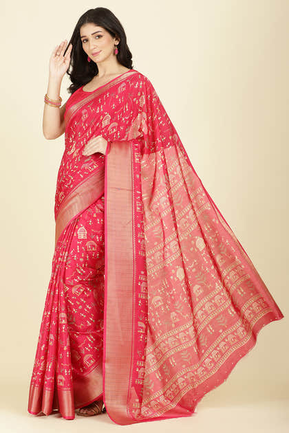 Raspberry Cotton Silk Printed Saree