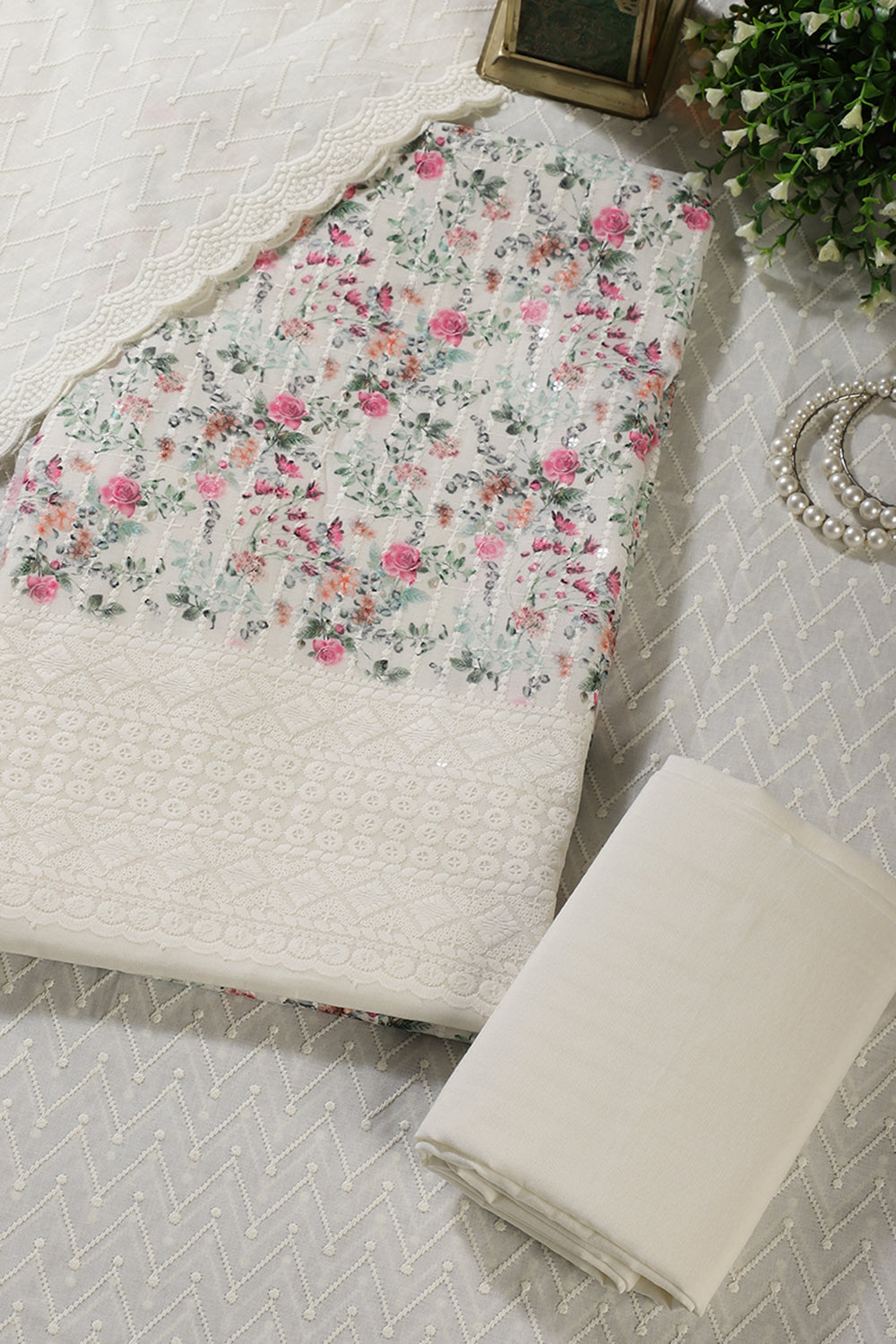 Cream & Pink Cotton Chikankari Embroidered Floral Printed Unstitched Suit