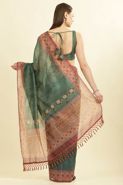 Green Organza Cotton Bandhani Block Printed Saree