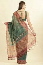 Green Organza Cotton Bandhani Block Printed Saree