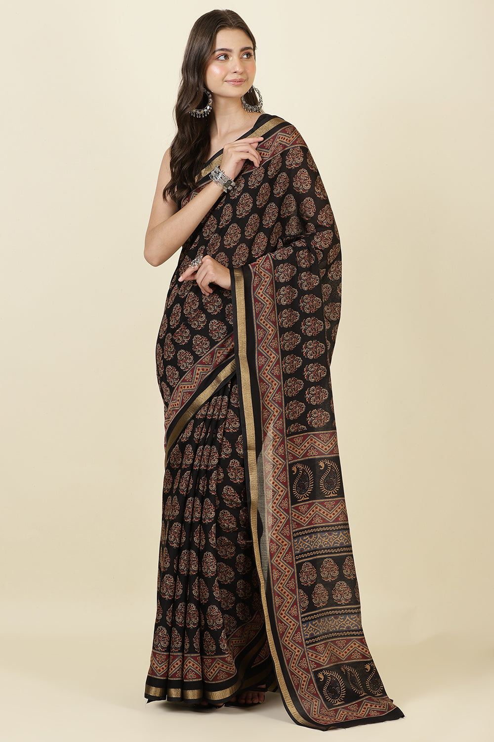 Black Block Printed Cotton Saree